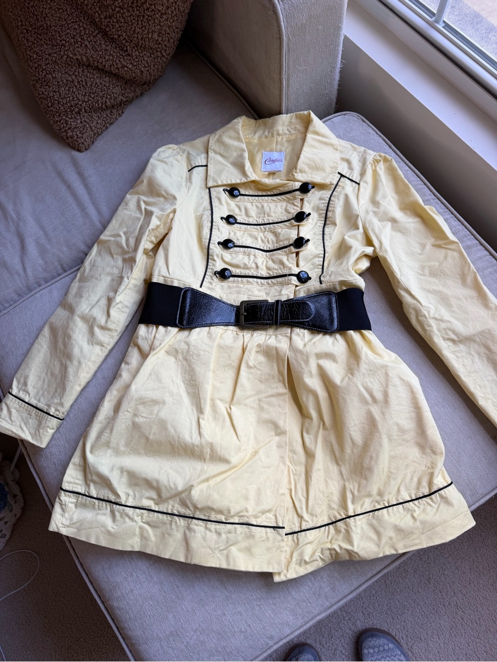 Candie's Pale Yellow Trench Coat with Black Trim and Belt